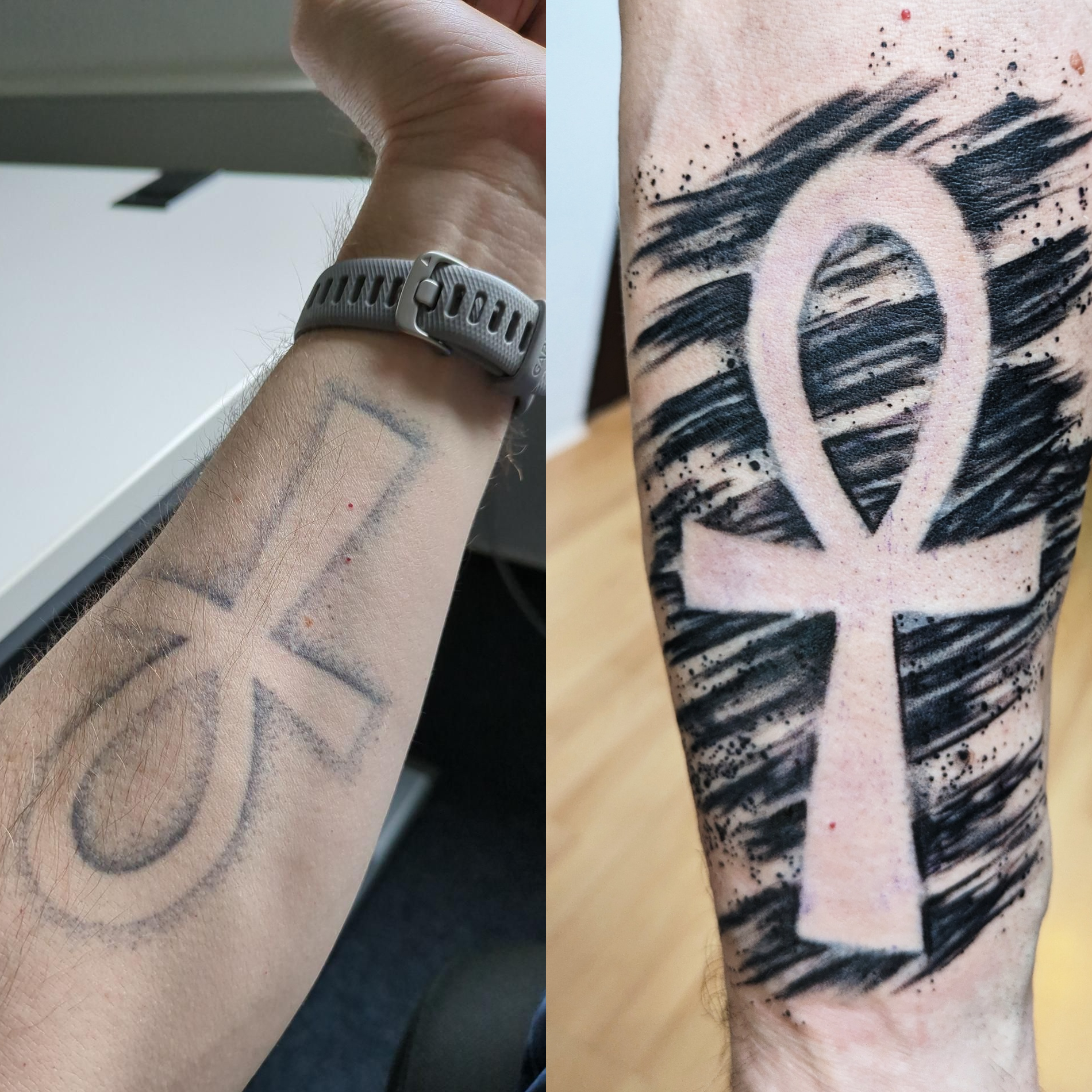 Tattoo auf dem linken Unterarm - vorher nachher